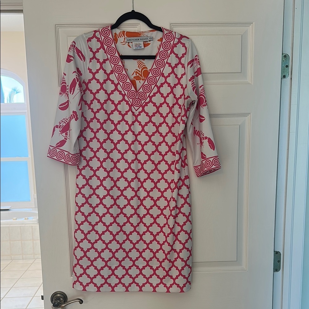 Gretchen Scott Pink Sheath Dress with 3/4 Sleeves and V-Neck